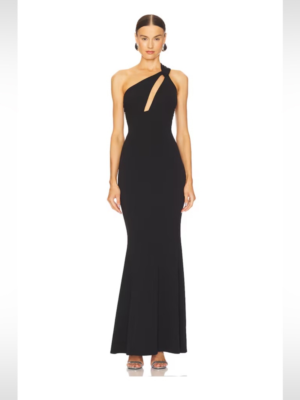 Katie May Black One-Shoulder Cutout Gown